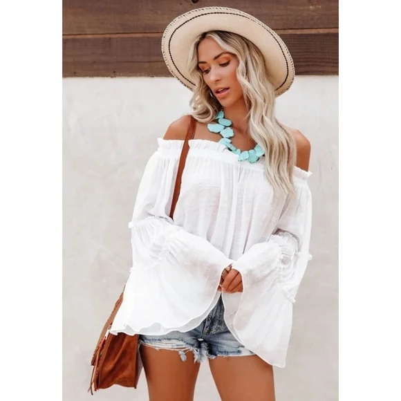 Chic white boho flowy off the shoulder tiered bell sleeve tunic top - Picture 1 of 8